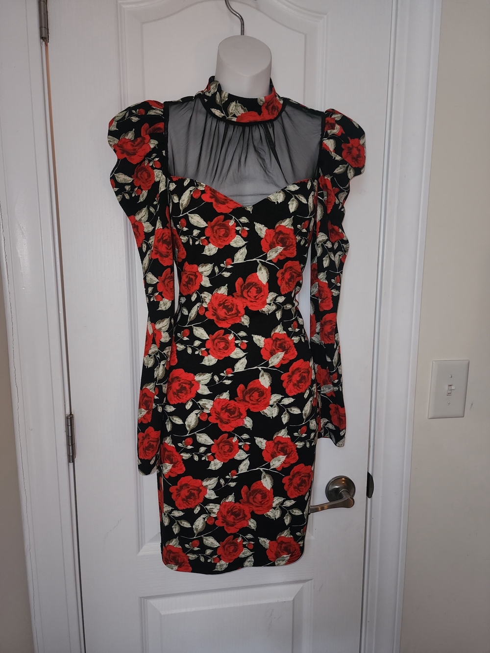 Floral Red Rose Sheer Yoke Bodycon Dress